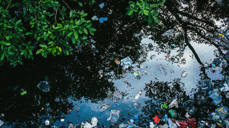 This image captures litter and debris floating in a water body, surrounded by lush greenery, highlighting the urgent need for environmental awareness and conservation efforts.の素材