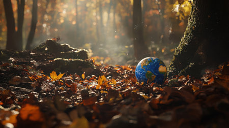 A globe resting among colorful autumn leaves in a tranquil forest setting, illuminated by soft sunlight streaming through trees, creating an enchanting atmosphere.の素材