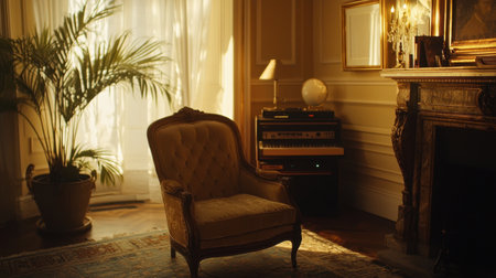 A stylish vintage living room featuring an elegant armchair, soft natural light filtering through sheer curtains, and a beautiful indoor plant, creating a warm atmosphere.の素材