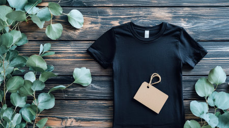 A black t-shirt laid flat on a wooden surface, accented by green leaves and a brown tag. Ideal for showcasing clothing in a natural setting for marketing.の素材