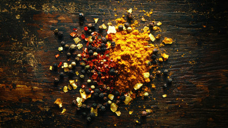 A vibrant collection of spices comprising flaky red chili, rich turmeric powder, and aromatic black pepper arranged on a rustic wooden background for culinary inspiration.の素材