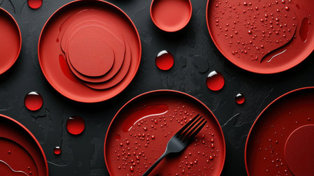 A creative layout featuring red plates and droplets of liquid on a dark background. The arrangement showcases a fork, ideal for culinary presentations and artistic photography.の素材