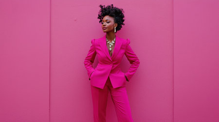 This image features a stylish woman in a striking pink suit, exuding confidence while standing against a vibrant pink wall. A blend of modern elegance and bold style.の素材