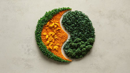 A creative arrangement showcases a yin yang symbol formed by vibrant yellow petals and lush greenery, representing balance and harmony in nature. Ideal for art and wellness themes.の素材