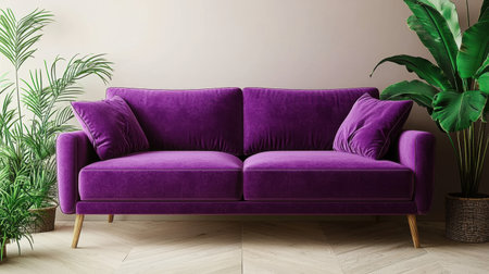 A chic purple sofa adorned with plush cushions creates an inviting atmosphere in a modern living room, complemented by lush green plants for a vibrant touch.の素材