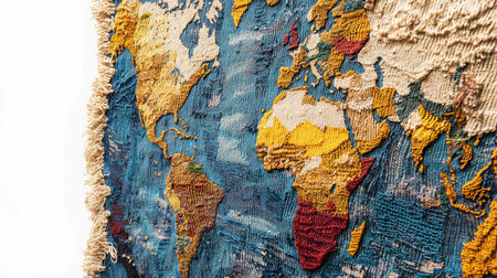 Explore a vibrant tapestry showcasing a detailed world map, featuring intricate textures and a mix of colors, perfect for enhancing your home decor and adding a artistic touch.の素材