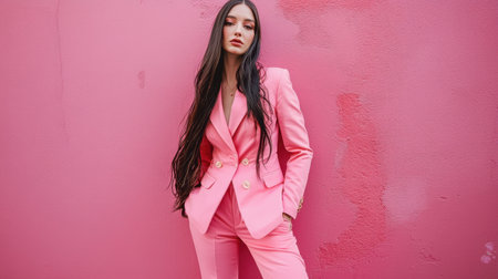 A stunning young woman in a tailored pink suit stands confidently against a vivid pink wall, embodying modern fashion with elegance and style in an urban environment.の素材