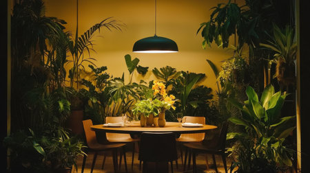 This warm and inviting indoor dining area features a round wooden table surrounded by lush green plants, creating a serene atmosphere perfect for gatherings.の素材