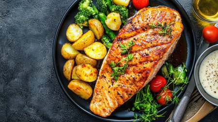 Indulge in a beautifully arranged plate featuring a grilled salmon fillet, paired with vibrant vegetables and potatoes, perfect for nutritious meals. Enjoy!の素材