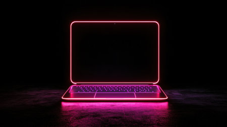 A striking neon illuminated laptop features a vibrant pink glow against a dark background, perfect for showcasing modern technology and creative digital concepts.の素材