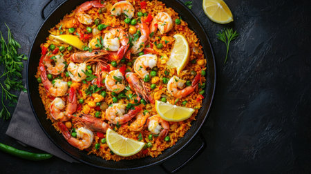 An appetizing display of seafood paella featuring shrimp, lemon wedges, and assorted vegetables, presented in a black iron skillet. Perfect for culinary inspiration.の素材