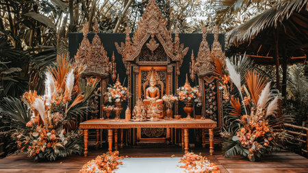 A beautifully styled Thai wedding dress presented with floral decorations.の素材