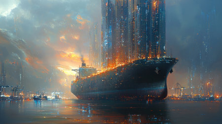A breathtaking view of a shipping port at dusk, where a colossal cargo ship stands tall amidst the glowing sky.の素材