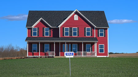 A bold red house with a large "SOLD" sign in the front yard, representing real estate success.の素材