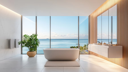A beautifully designed modern bathroom with a large bathtub positioned against a wall of windows.の素材