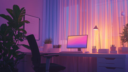 A beautifully designed workspace with modern furniture, soft lighting, and lush green plants.の素材