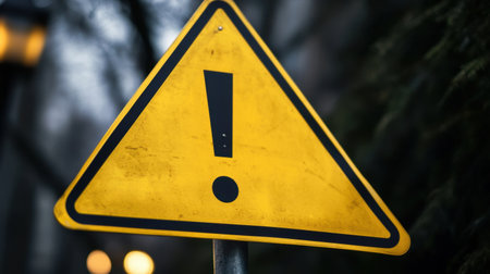 A bright yellow warning sign with a bold exclamation mark, placed on a clean black background.の素材