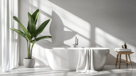 A minimalist bathroom with a white tub, soft towels, and a single potted plant for a fresh aestheticeの素材