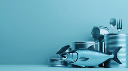 A conceptual food image with a sleek blue scene, featuring a tuna fish, a tin can, and culinary props.の素材