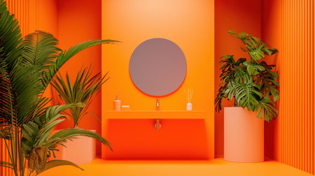 A brightly lit orange bathroom with stylish fixtures, minimalist shelving, and a sleek mirror.の素材