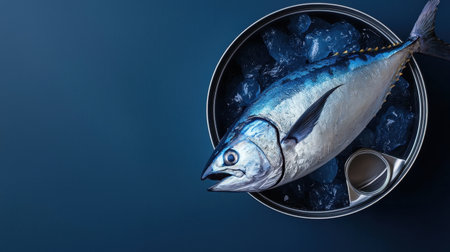 A deep blue background with a fresh tuna fish and an open metal can, ideal for culinary and seafood themes.の素材