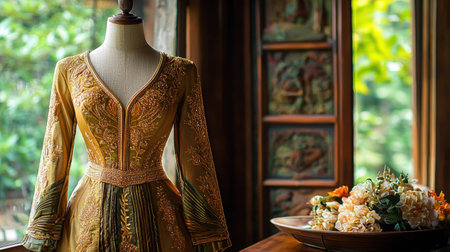 A beautifully detailed Thai wedding dress displayed on a mannequin, adorned with golden embroideryの素材