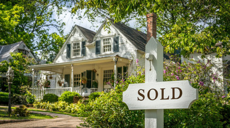 A charming bright white home with a "SOLD" sign, standing proudly in a lush green neighborhood.の素材