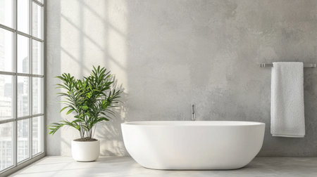 A minimalist bathroom with a white tub, soft towels, and a single potted plant for a fresh aestheticeの素材