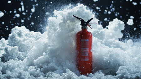 A red fire extinguisher actively releasing thick white foam in a smoky emergency setting.の素材