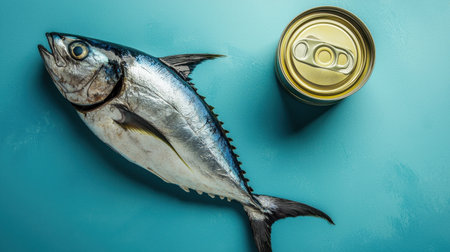 A top-down view of a fresh tuna and a canned version, displayed aesthetically on a vibrant blue background.の素材