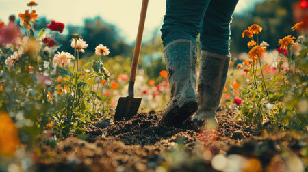 A gardener in sturdy boots digs into rich soil with a shovel, surrounded by colorful blooming flowers.の素材