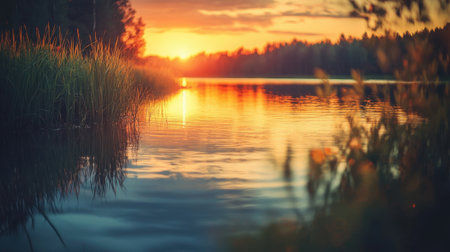 A river illuminated by golden sunset tones, creating a picturesque scene with warm colors and soft reflections.の素材