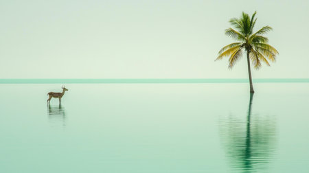 A single palm tree stands tall over calm turquoise waters, basking in the warm glow of a tropical sunrise.の素材