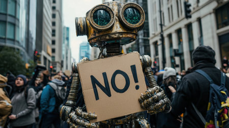 A mechanical robot gripping a protest sign that reads portraying futuristic resistance.の素材