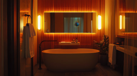 A luxury bathroom with warm orange hues, a stylish sink, a sleek tub, and modern lighting fixtures.の素材