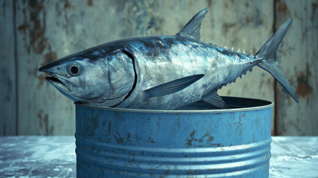 A sleek, minimalist blue setting featuring a whole tuna and an open tin can, symbolizing fresh seafood.の素材