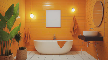 A luxury bathroom with warm orange hues, a stylish sink, a sleek tub, and modern lighting fixtures.の素材