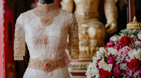 A regal Thai wedding dress displayed on an antique wooden stand.の素材