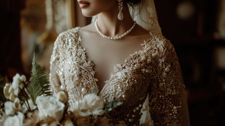 A royal-inspired Thai wedding outfit adorned with pearls and gold embroidery.の素材