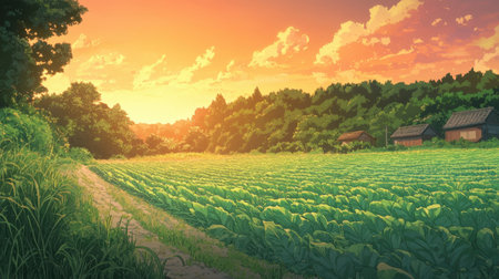 Rows of fresh leafy greens glowing under the golden hues of a sunset, creating a peaceful and natural setting.の素材