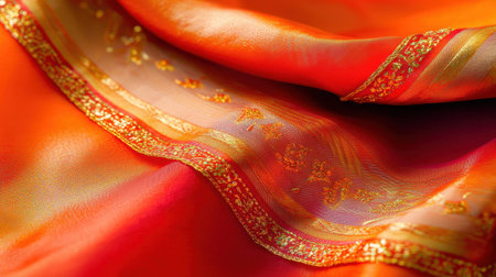 A vibrant Thai wedding dress with intricate patterns and gold embellishments, draped elegantly.の素材