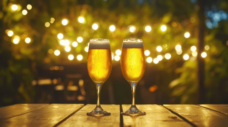 Golden beer in two elegant glasses on a wooden table, glowing under twinkling string lights at an outdoor gathering.の素材
