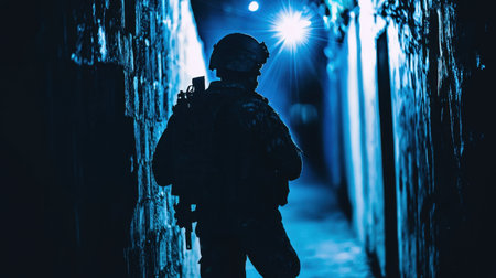 Tactical officer cautiously moving through a dim alley, his figure silhouetted against flashing lights.の素材
