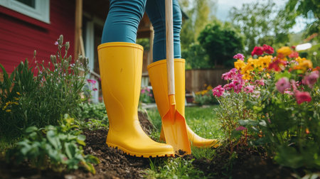 A person in bright rubber boots planting flowers with a shovel in a vibrant backyard garden.の素材