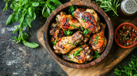 Charred and seasoned chicken wings in a rustic bowl, with a backdrop of fresh herbs and a wooden cutting board.の素材