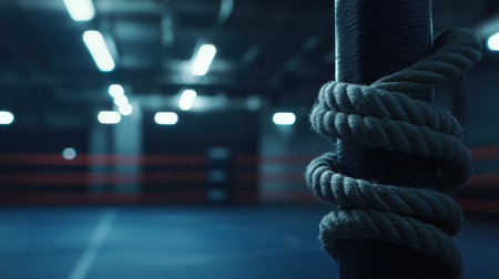 The ropes of an empty boxing ring contrast against dark walls, highlighting the raw energy of the space.の素材