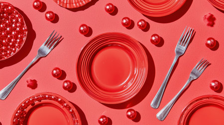A dynamic overhead view of an all-red table setting featuring plates, forks, and decorative ornaments, ideal for food photography, event styling, and vibrant celebrations.の素材
