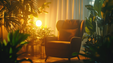 A serene indoor setting featuring a cozy armchair illuminated by warm light, surrounded by vibrant green plants, creating a peaceful atmosphere for relaxation.の素材