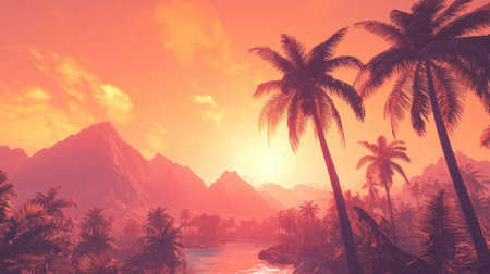 Experience the awe-inspiring beauty of a sunset over a tropical landscape, featuring towering palm trees and majestic mountains under a vibrant pink and orange sky.の素材