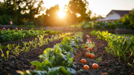 A picturesque garden scene at sunrise featuring rows of fresh vegetables and ripe tomatoes on rich soil, surrounded by lush greenery and warm sunlight.の素材